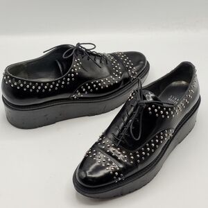 Stuart Weitzman Zealous Studded Platform Loafer Jet Mirror Black. Size 9.5 M